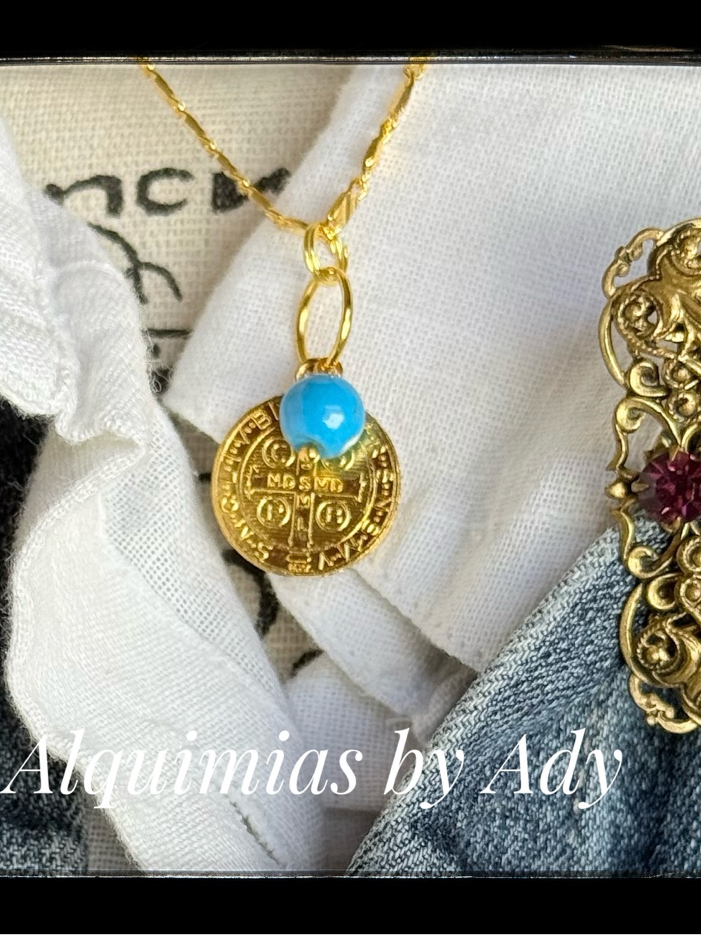 18k overlay Gold Coin Necklace with Turquoise Blue Charm